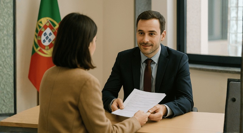 Uma pessoa entrega documentos a um funcionário do consulado português em um ambiente institucional, iluminado por luz natural